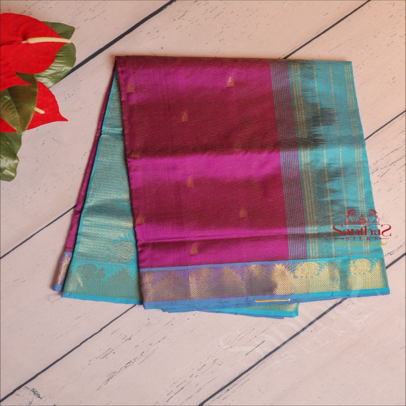 9 YARDS SILK COTTON SAREE IN PURPLE COLOUR BODY WITH VAIRA OOSI PATTERN