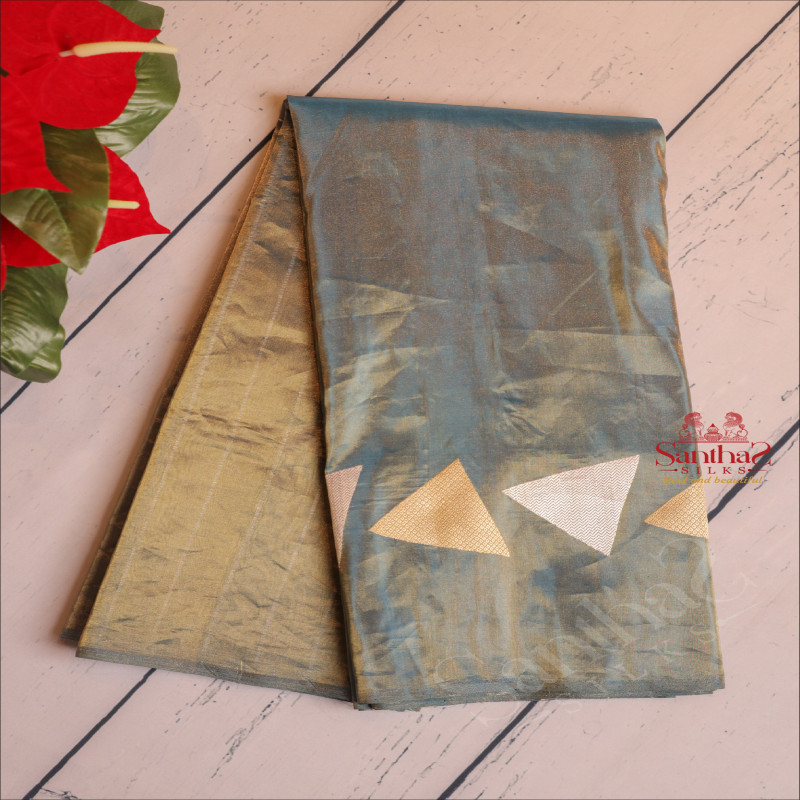 KORA KHATAN SILK SAREE IN TEAL BLUE & GOLD COLOUR MIXED WITH TRIANGLE MOTIFS