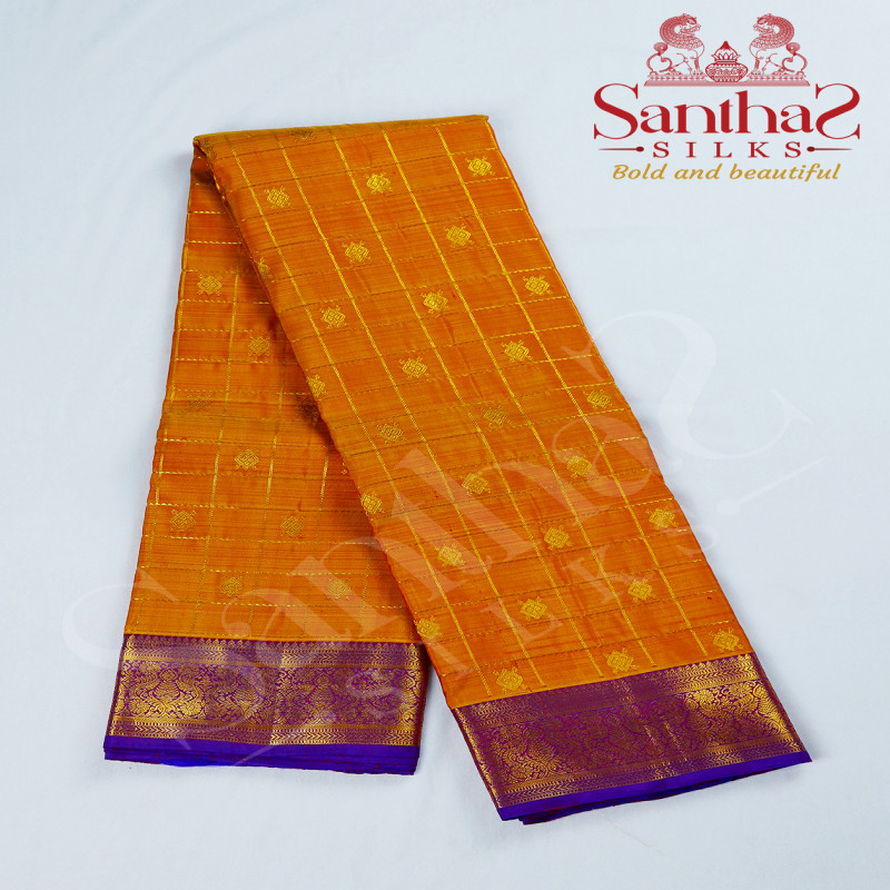Golden Yellow Pure Silk Saree with Violet Border