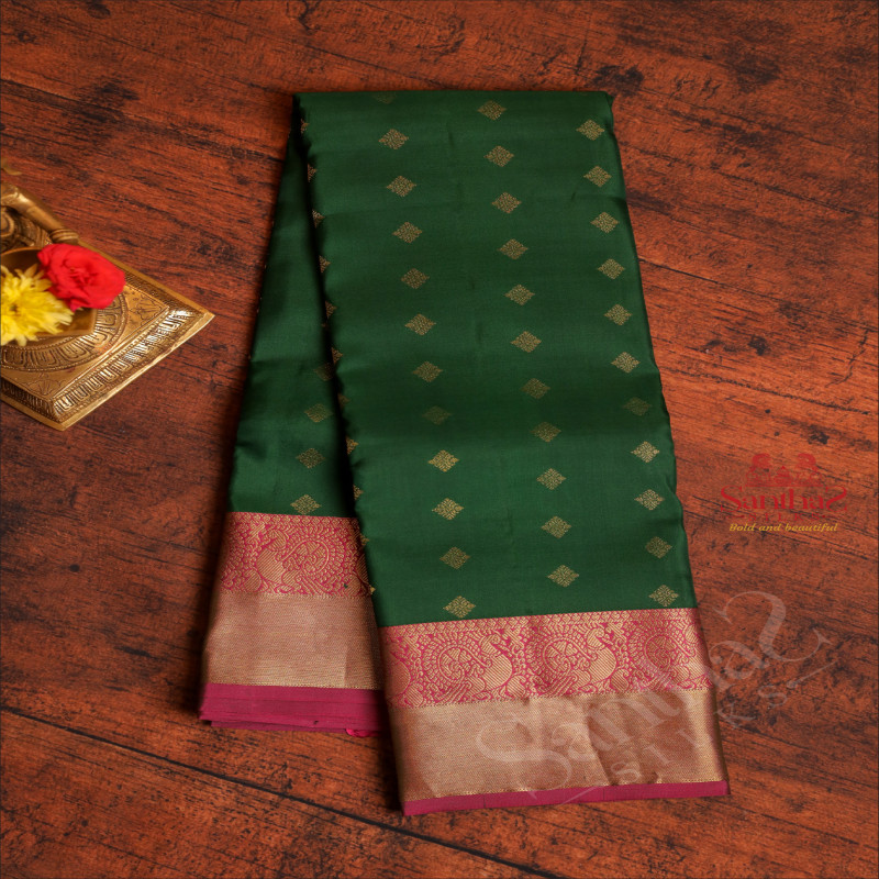 DARK GREEN COLOUR BODY WITH GOLDEN ZARI BUTTAS AND CONTRAST PALLU & BLOUSE