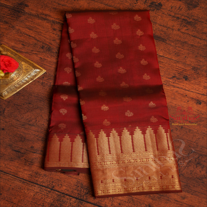 MAROON COLOUR BODY WITH GOLDEN ZARI BUTTAS & LONG BORDER AND SELF COLOUR PALLU & BLOUSE