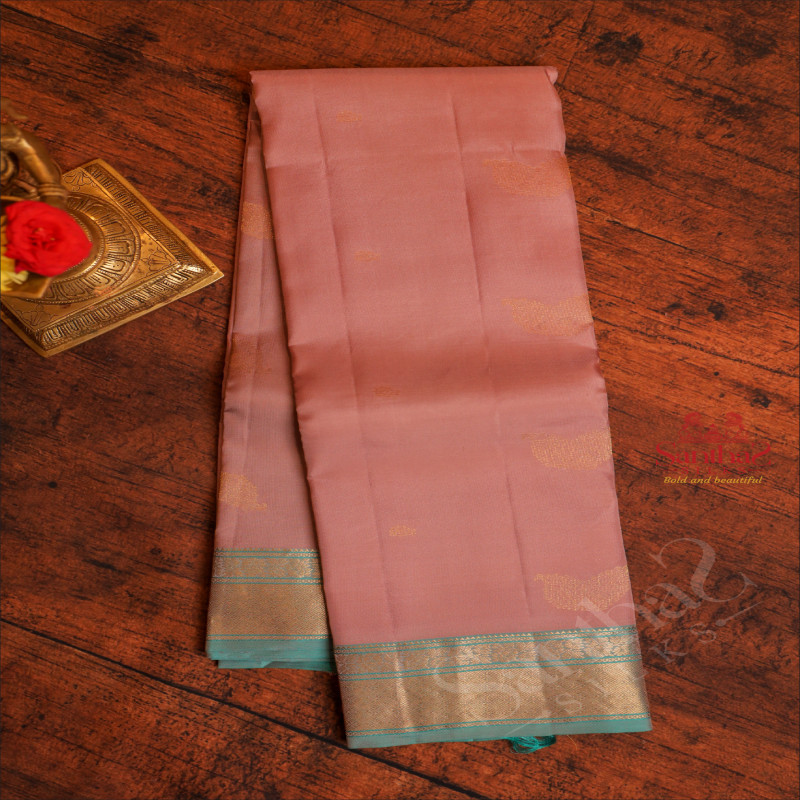 PASTEL FLESH PINK COLOUR BODY WITH GOLDEN ZARI BUTTAS AND CONTRAST PALLU & BLOUSE