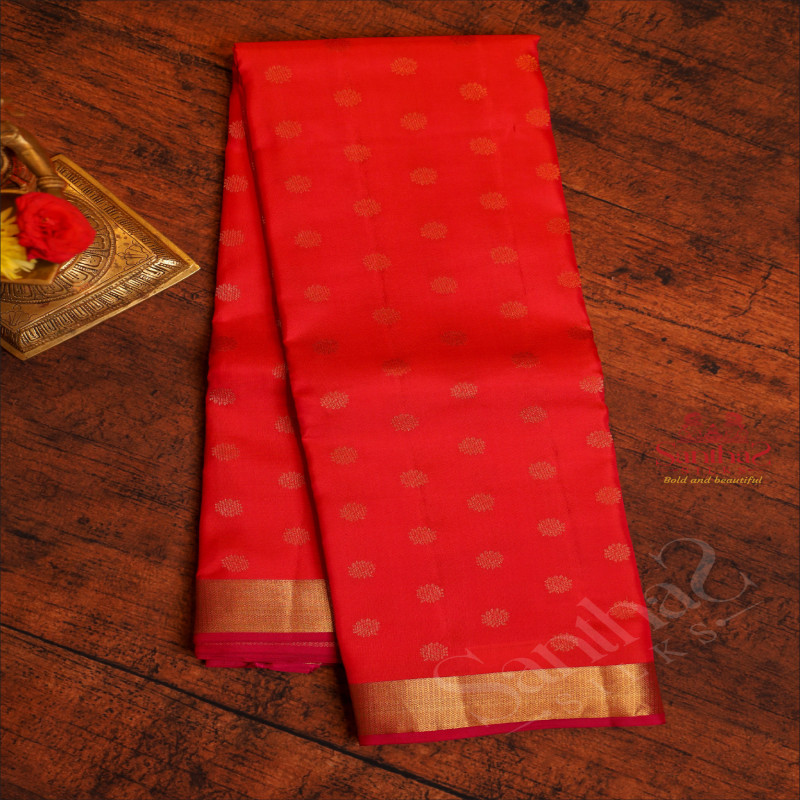 ORANGISH PINK COLOUR BODY WITH GOLDEN ZARI BUTTAS AND CONTRAST PALLU & BLOUSE
