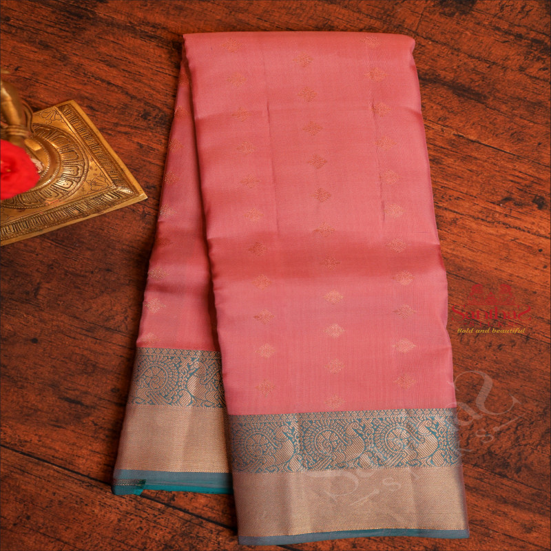 PASTEL TULIP PINK COLOUR BODY WITH GOLDEN ZARI BUTTAS AND CONTRAST PALLU & BLOUSE