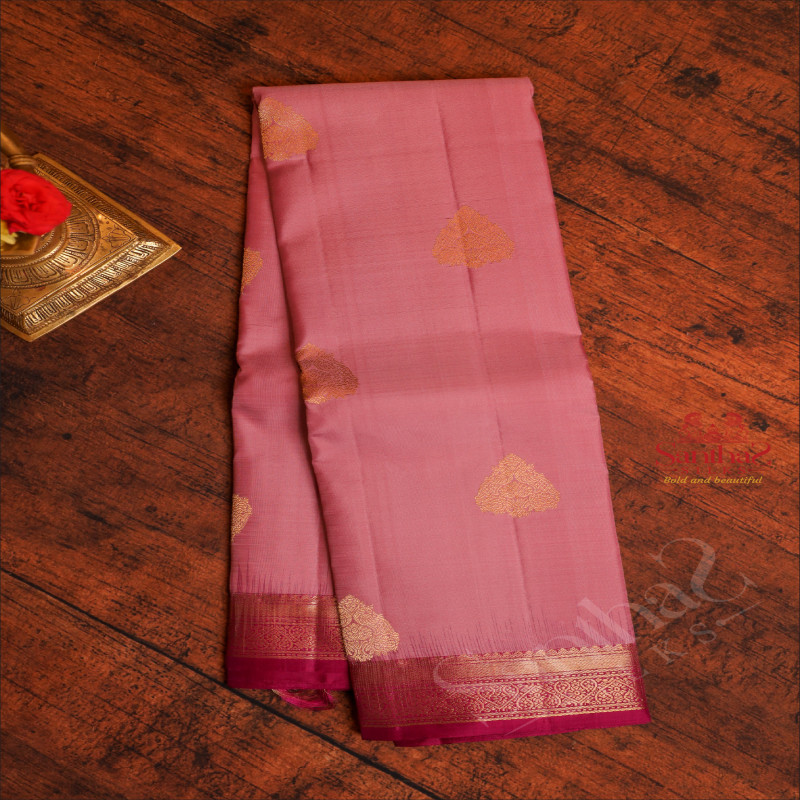 BABY PINK COLOUR BODY WITH GOLDEN ZARI BUTTA WITH CONTRAST BLOUSE & BORDER