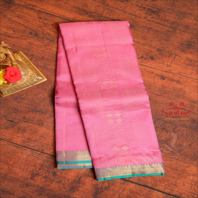 PINK COLOUR BODY WITH GOLDEN ZARI STRIPS EMBOSED WITH CONTRAST BLOUSE & BORDER