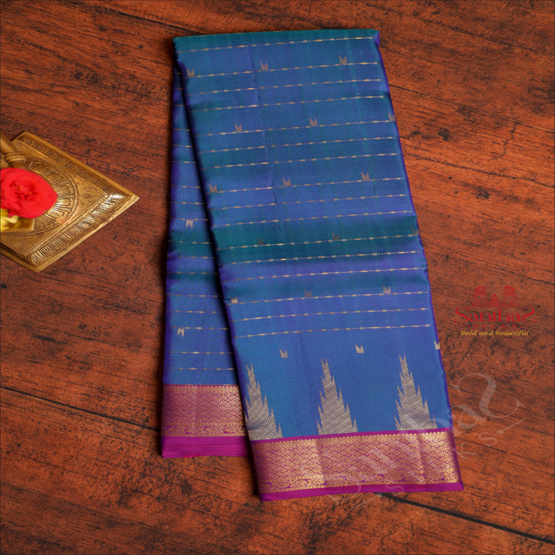 PEACOCK BLUE COLOUR BODY WITH GOLDEN ZARI GOPURAM BUTTAS AND CONTRAST PALLU & BLOUSE