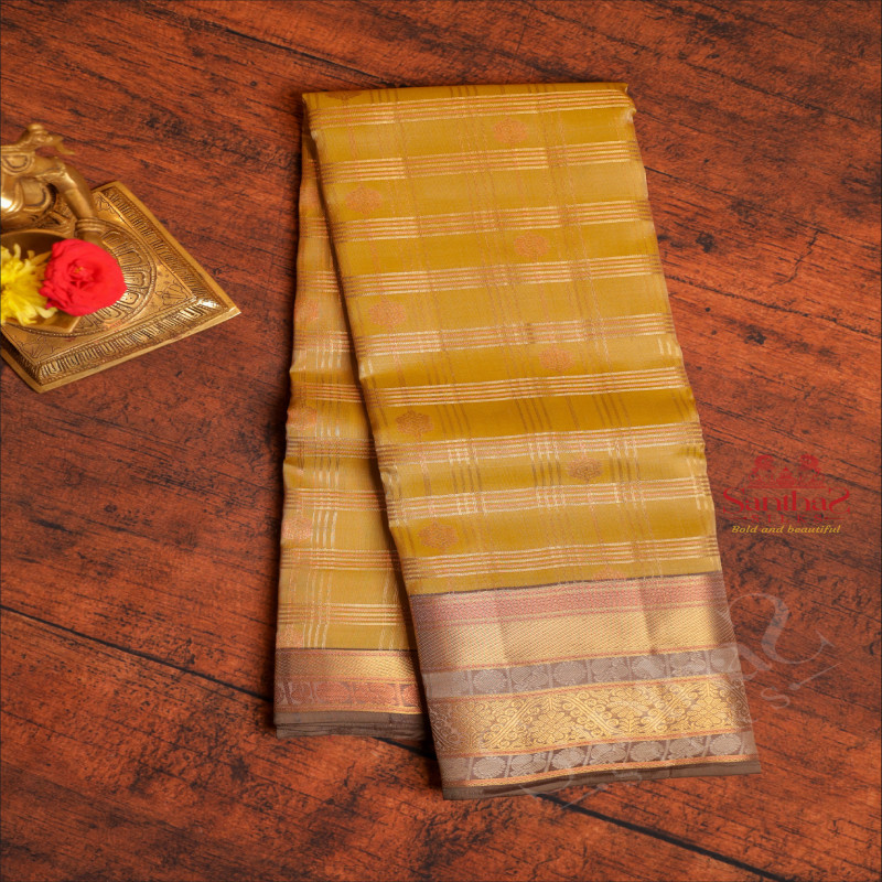 MUSTARD YELLOW COLOUR CHECKED BODY WITH ZARI BUTTA WITH CONTRAST BLOUSE & BORDER