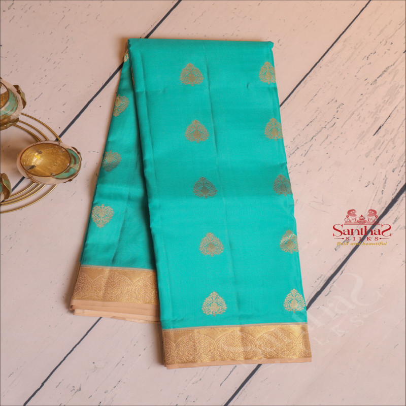 AQUA MARINE BLUE COLOUR BODY WITH GOLDEN ZARI BUTTAS AND CONTRAST PALLU & BLOUSE