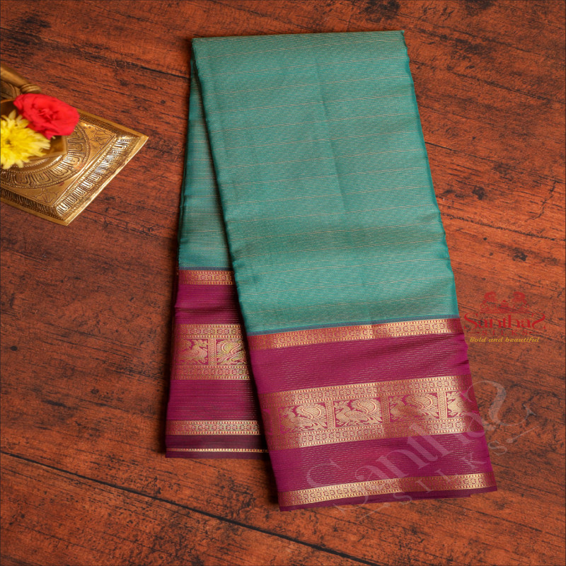 JADE GREEN COLOUR BODY WITH GOLDEN ZARI VAIRA OOSI PATTERN STRIPS AND CONTRAST PALLU & BLOUSE