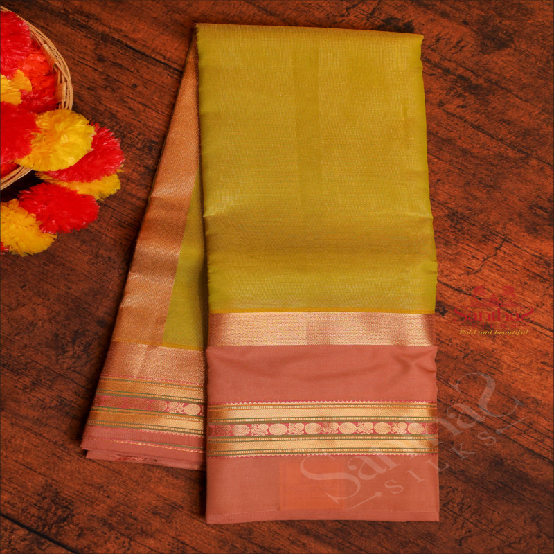 VOLT GREEN COLOUR BODY WITH GOLDEN ZARI ANNAM CHAKKARAM BUTTA WITH CONTRAST BLOUSE