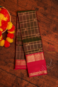 bottle-green-colour-checked-body-with-zari-butta-and-contrast-blouse-border