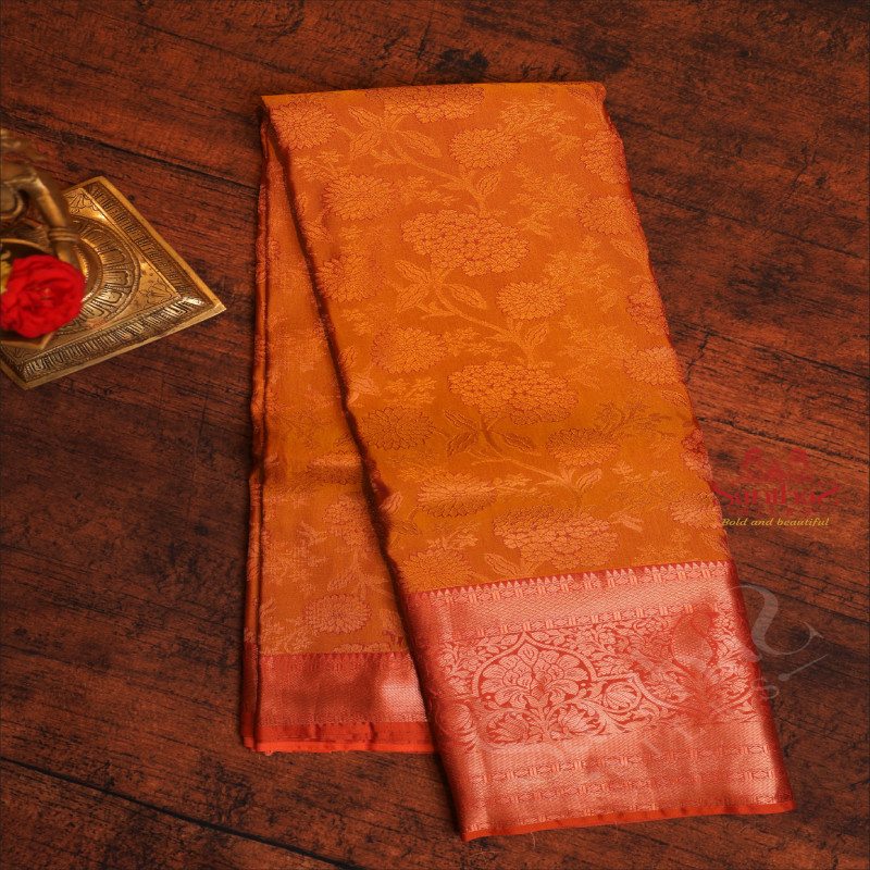 MUSTARD YELLOW COLOUR BODY WITH JACQUARD FLORAL EMBOSED WITH CONTRAST BLOUSE & BORDER