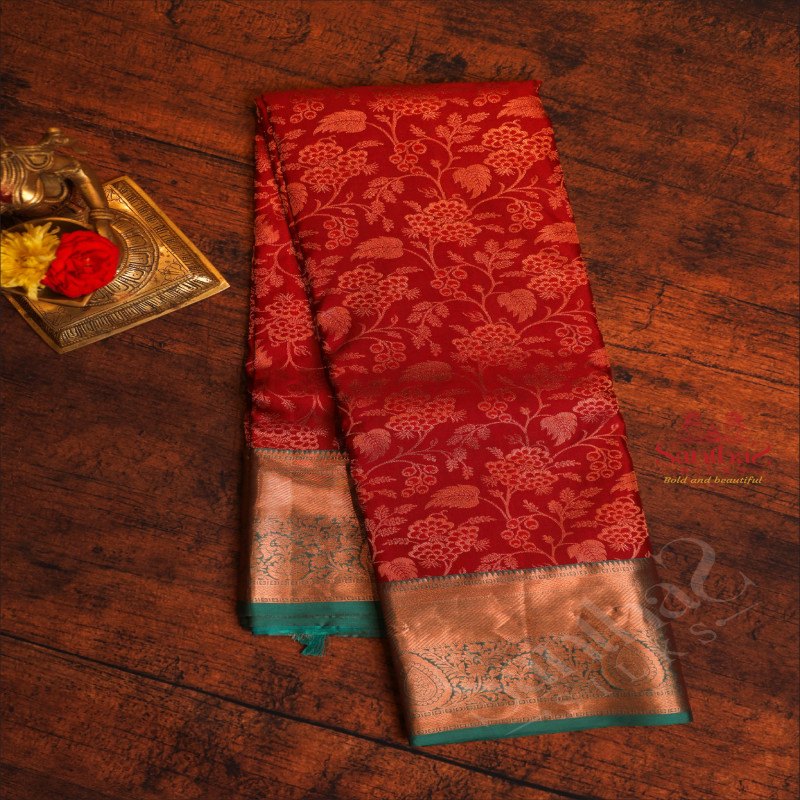 MAROON COLOUR BODY WITH JACQUARD FLORAL EMBOSED WITH CONTRAST BLOUSE & BORDER