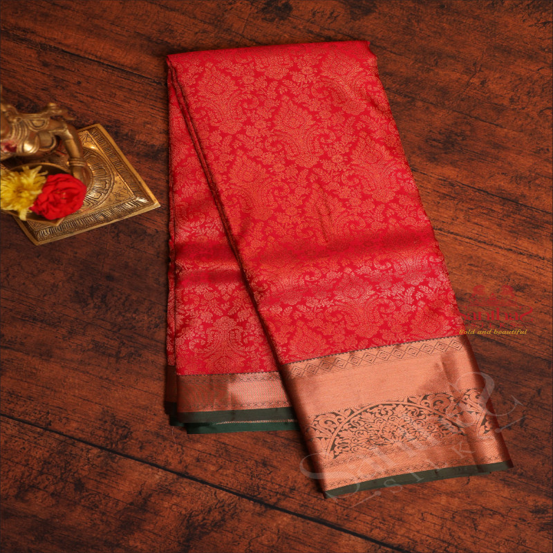 ORANGE COLOUR BODY WITH JACQUARD FLORAL EMBOSED WITH CONTRAST BLOUSE & BORDER