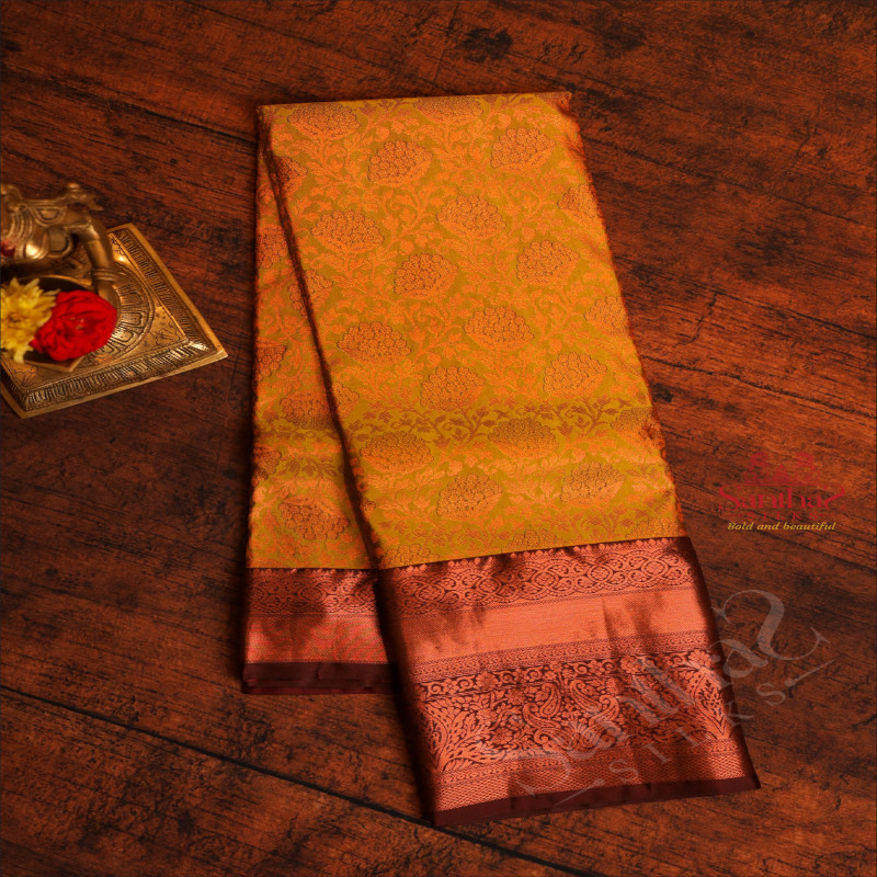 MEHANDI GREEN COLOUR BODY WITH JACQUARD FLORAL EMBOSED WITH CONTRAST DARK RED BLOUSE & BORDER