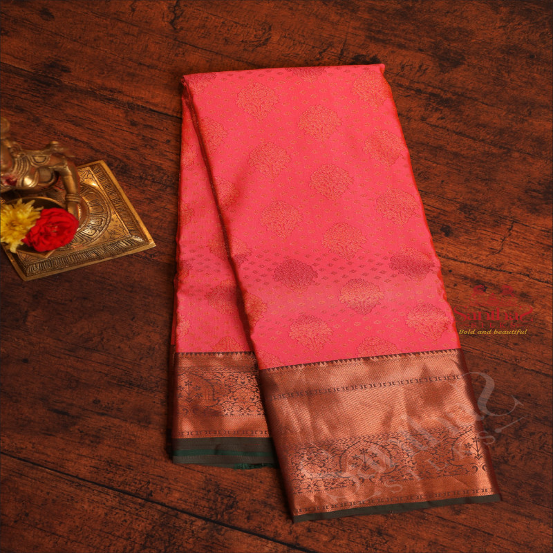 PINK COLOUR BODY WITH JACQUARD FLORAL EMBOSED WITH CONTRAST BLOUSE & BORDER