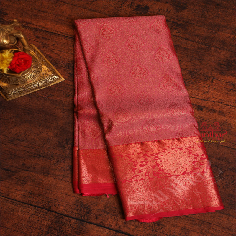 PINK COLOUR BODY WITH JACQUARD FLORAL EMBOSED WITH CONTRAST RED BLOUSE & BORDER