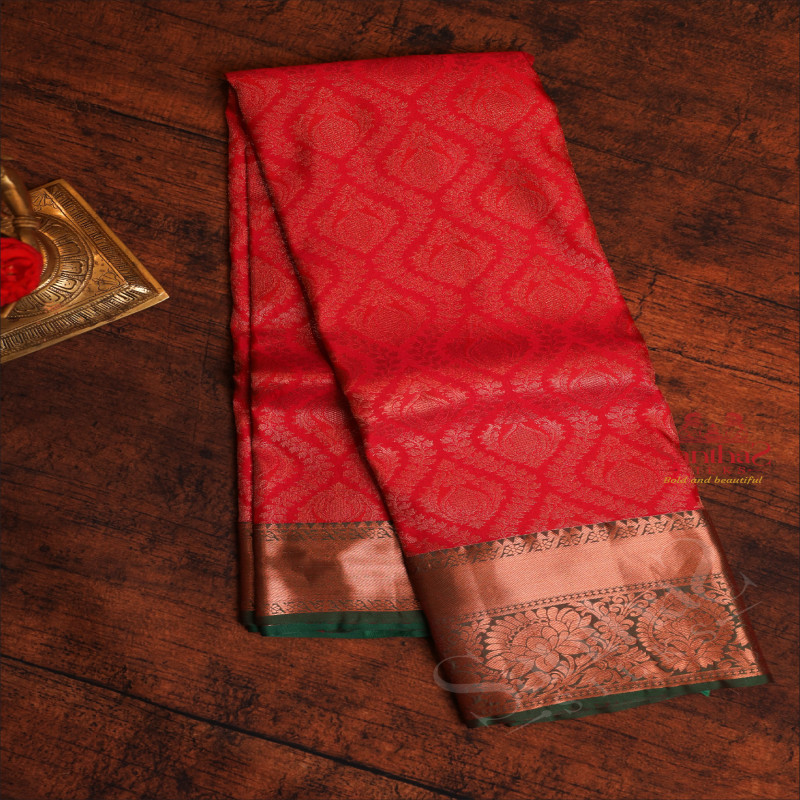 DARK PINK COLOUR BODY WITH JACQUARD FLORAL EMBOSED WITH CONTRAST GREEN BLOUSE & BORDER