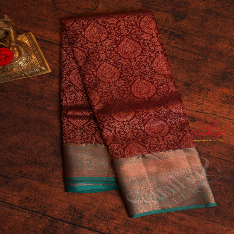 DARK MAROON COLOUR BODY WITH JACQUARD FLORAL EMBOSED WITH CONTRAST GREEN BLOUSE & BORDER