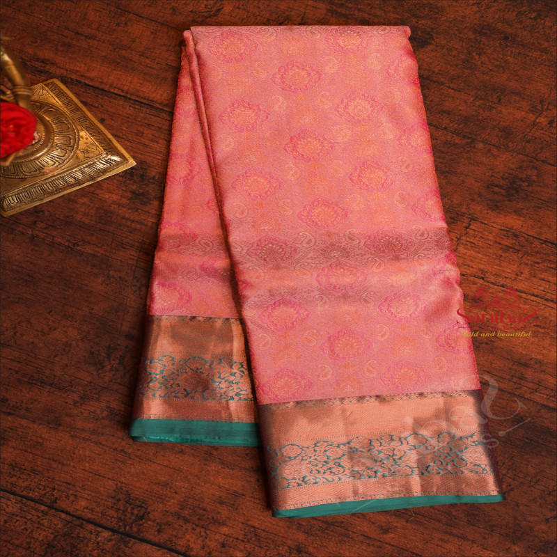 PINK COLOUR BODY WITH JACQUARD FLORAL EMBOSED WITH CONTRAST GREEN BLOUSE & BORDER