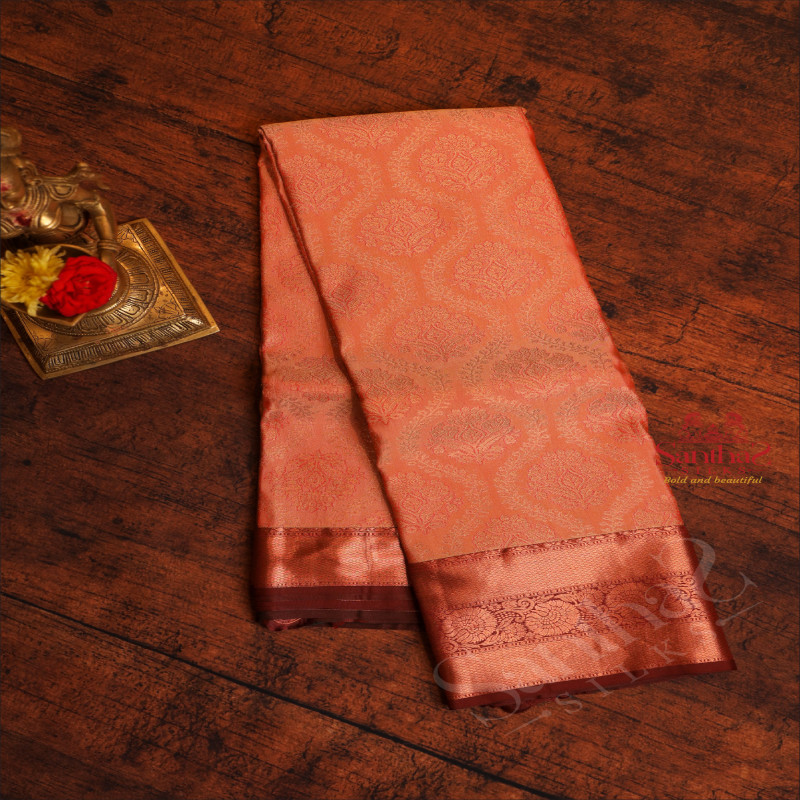 PARFAIT PEACH COLOUR BODY WITH JACQUARD FLORAL EMBOSED WITH CONTRAST BLOUSE & BORDER