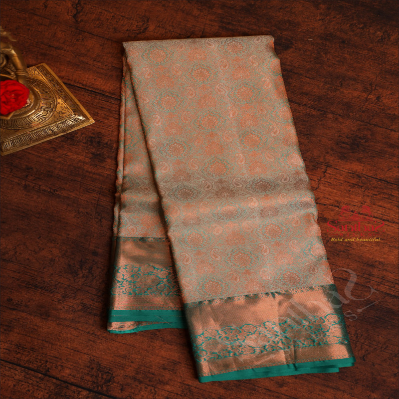 ICE BLUE COLOUR BODY WITH JACQUARD FLORAL EMBOSED WITH CONTRAST BLOUSE & BORDER