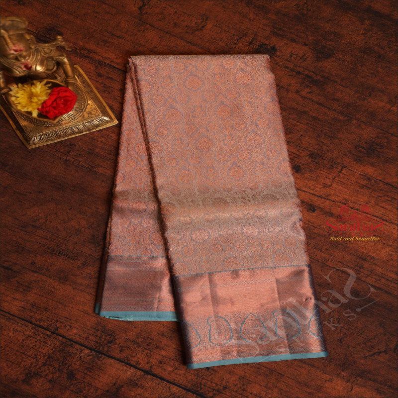 PIGEON BLUE COLOUR BODY WITH JACQUARD FLORAL EMBOSED WITH CONTRAST BLOUSE & BORDER