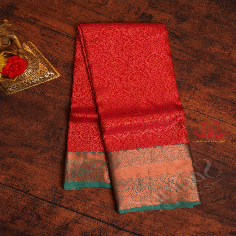 RED COLOUR BODY WITH JACQUARD FLORAL EMBOSED WITH CONTRAST GREEN BLOUSE & BORDER