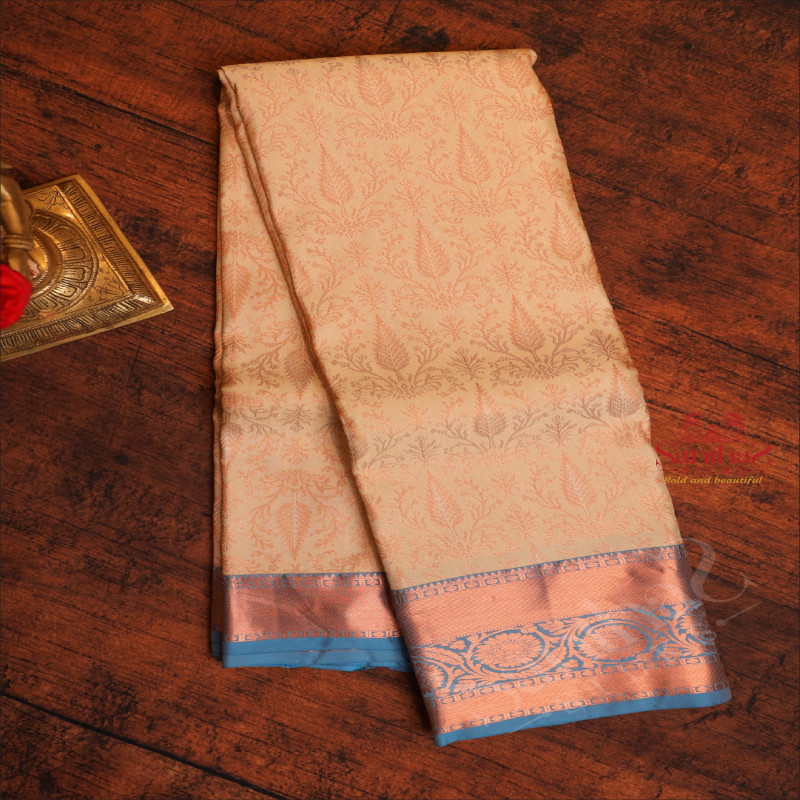 SANDAL COLOUR BODY WITH JACQUARD FLORAL EMBOSED WITH CONTRAST BLUE BLOUSE & BORDER