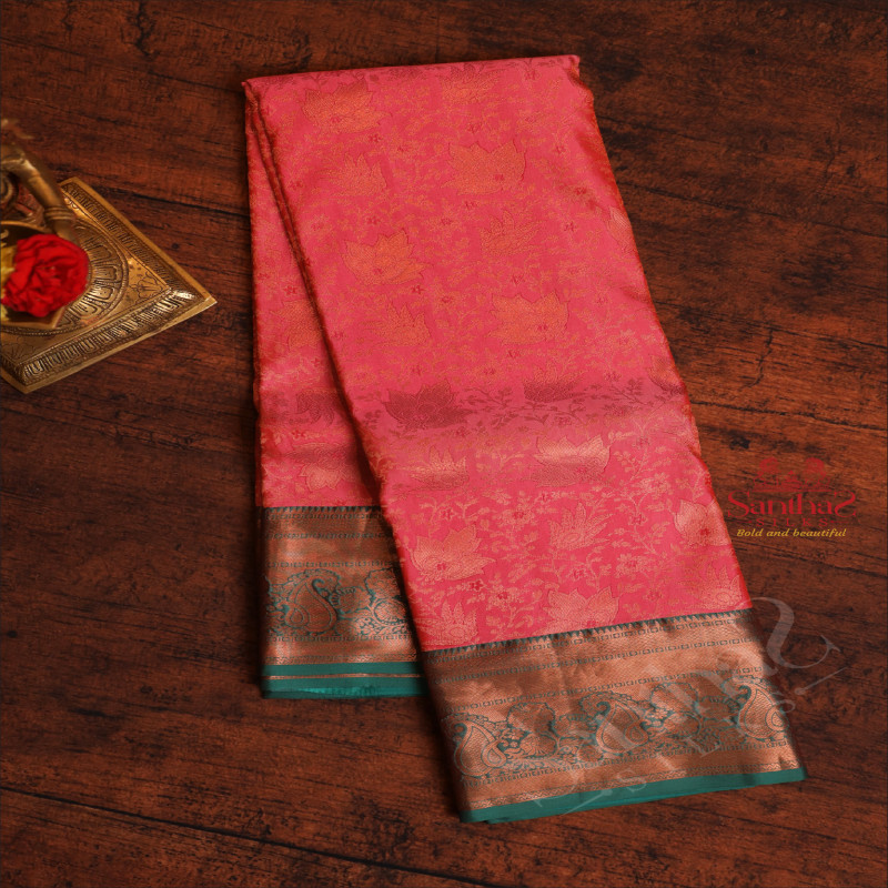 DARK PINK COLOUR BODY WITH JACQUARD FLORAL EMBOSED WITH CONTRAST BLOUSE & BLUE BORDER