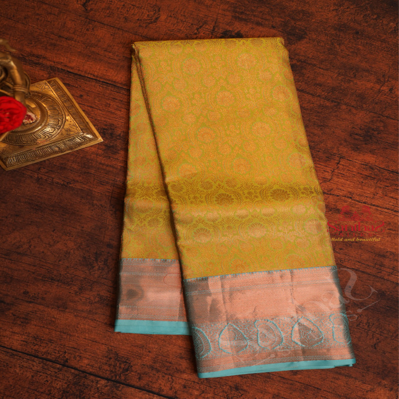 FLUORESCENT GREEN COLOUR BODY WITH JACQUARD FLORAL EMBOSED WITH CONTRAST BLOUSE & BORDER