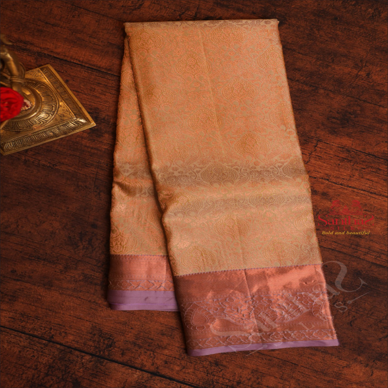 GREYISH SANDAL COLOUR BODY WITH JACQUARD FLORAL EMBOSED WITH CONTRAST BLOUSE & BORDER