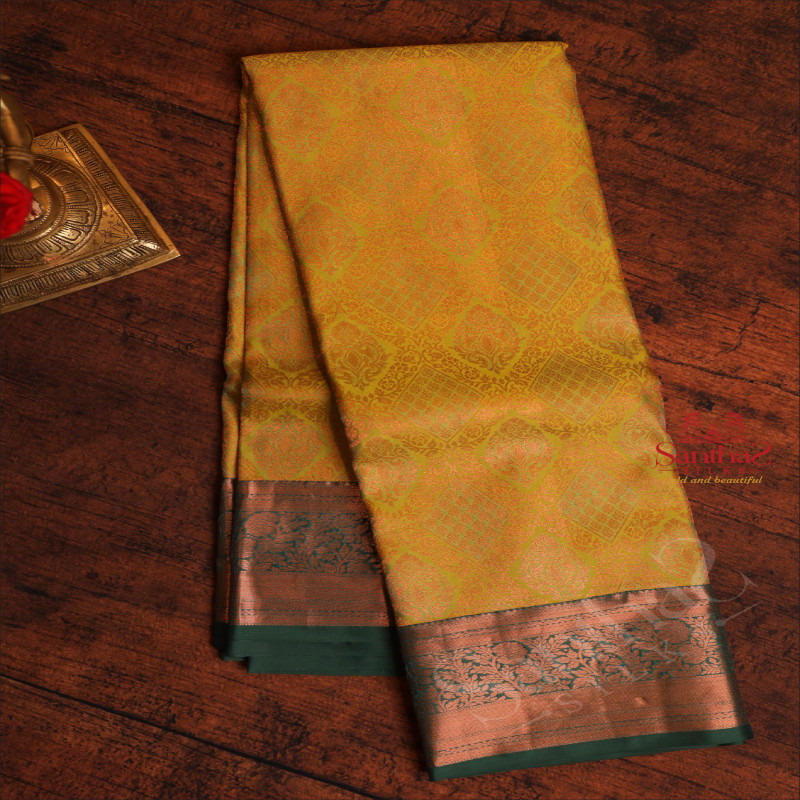 FLUORESCENT GREEN COLOUR BODY WITH JACQUARD FLORAL EMBOSED WITH CONTRAST BLOUSE & BORDER