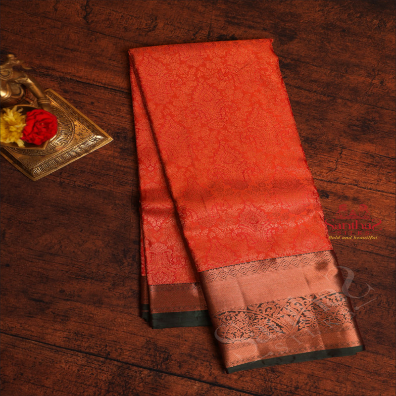 DARK RED COLOUR BODY WITH JACQUARD FLORAL EMBOSED IN COPPER ZARI WITH CONTRAST BLOUSE & BORDER