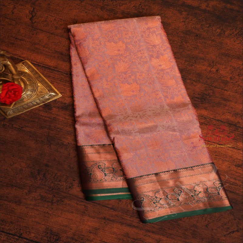 LAVENDER COLOUR BODY WITH JACQUARD FLORAL EMBOSED IN COPPER ZARI WITH CONTRAST BLOUSE & BORDER