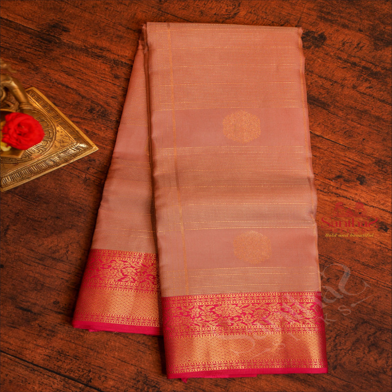 PEACH COLOUR BODY WITH ZARI BUTTA WITH CONTRAST BLOUSE & BORDER