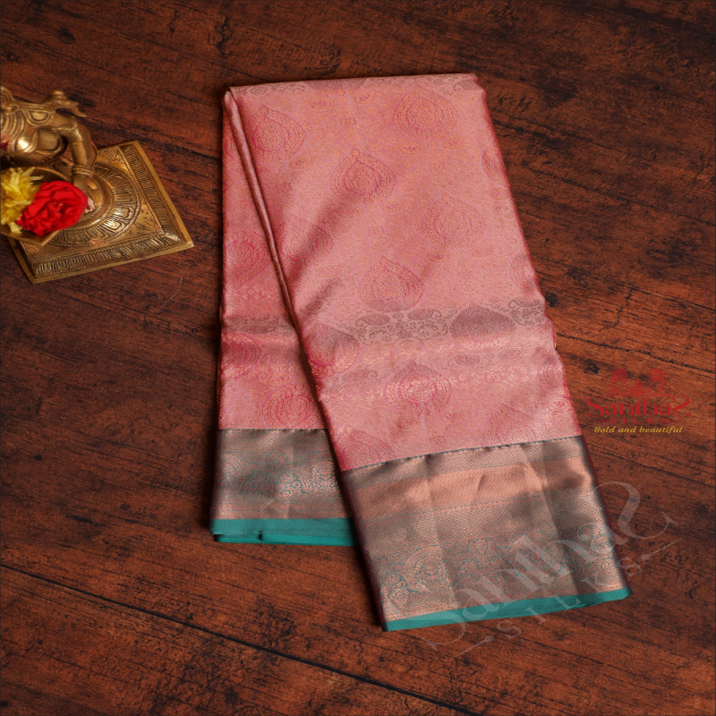 BABY PINK COLOUR BODY WITHCOPPER ZARI JACQUARD FLORAL EMBOSED WITH CONTRAST BLOUSE & BORDER