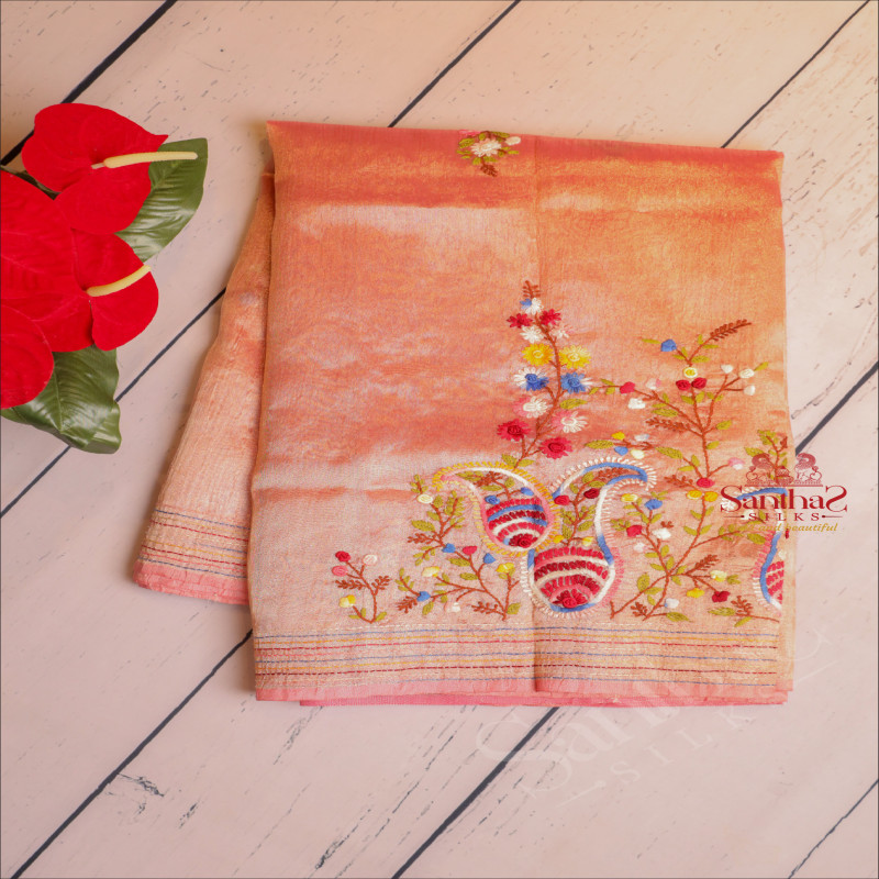TISSUE SAREE WITH HAND EMBORIDERY WORK IN PINK GOLD COLOUR MIXED