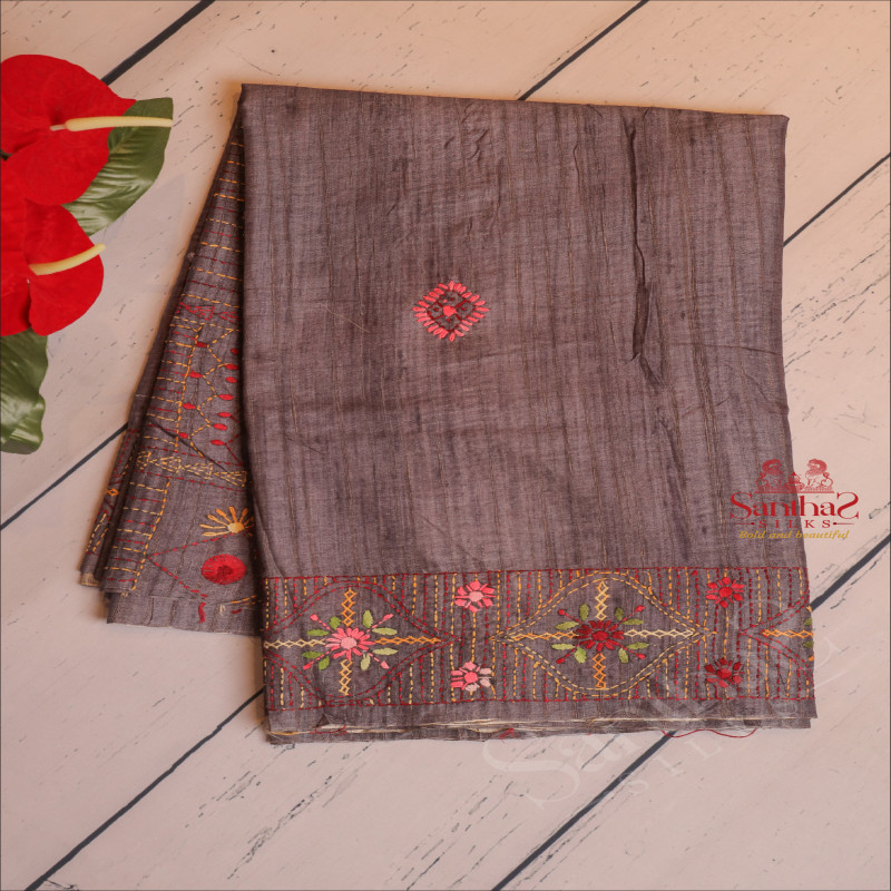 SEMI TUSSAR SAREE WITH LAMBANI WORK IN DENIUM BLUE COLOUR