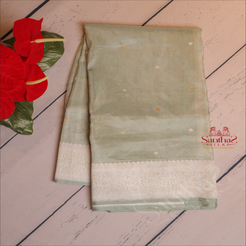 SATIN KHATAN PURE BANARAS SAREE IN TEA GREEN COLOUR