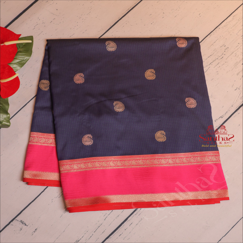 PURE BANARAS SILK SAREE IN NAVY BLUE COLOUR WITH CONTRAST PALLU & BLOUSE