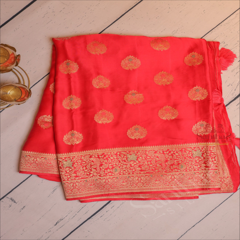 SATIN SEMI BANARAS SILK SAREE IN RED COLOUR