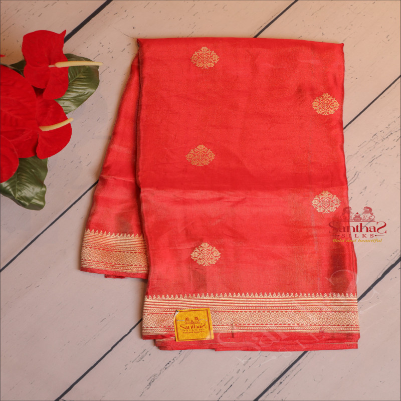 PURE SATIN BANARAS SILK SAREE IN RED COLOUR