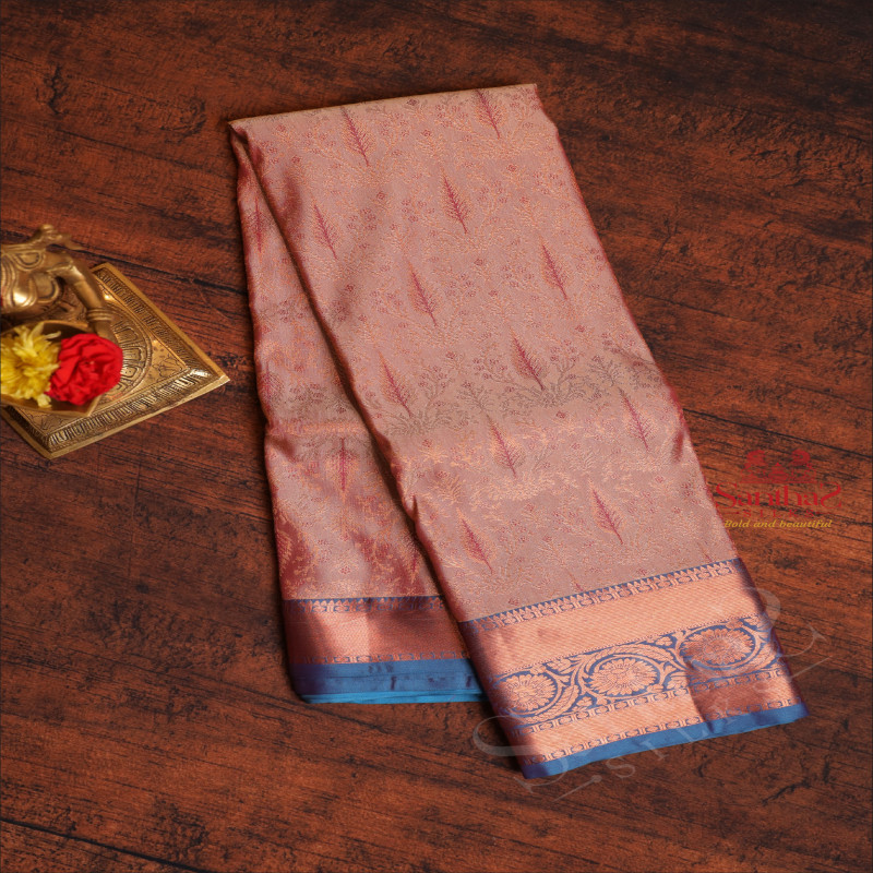 PASTEL PEACH COLOUR BODY WITH JACQUARD FLORAL EMBOSED WITH CONTRAST BLOUSE & BORDER