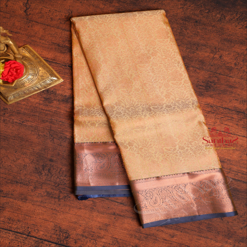 SANDAL COLOUR BODY WITH JACQUARD FLORAL EMBOSED IN COPPER ZARI WITH CONTRAST BLOUSE & BORDER