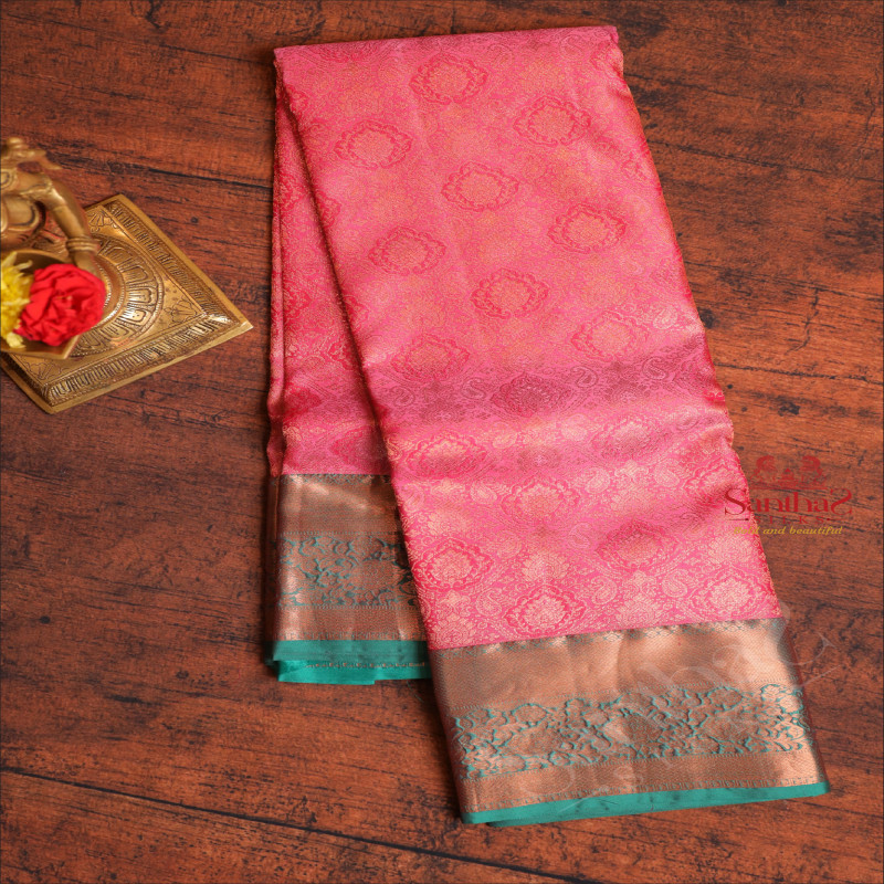 BABY PINK COLOUR BODY WITH JACQUARD FLORAL EMBOSED IN COPPER ZARI WITH CONTRAST BLOUSE & BORDER