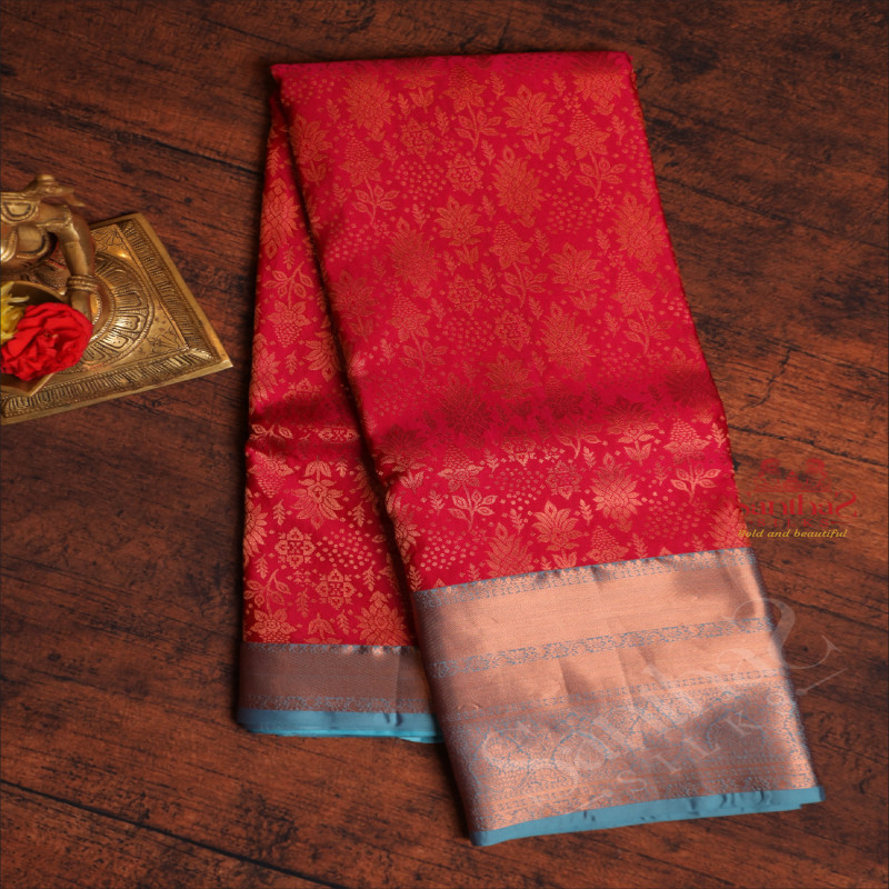 BRIGHT ROSE COLOUR BODY WITH JACQUARD FLORAL EMBOSED WITH CONTRAST BLOUSE & BORDER