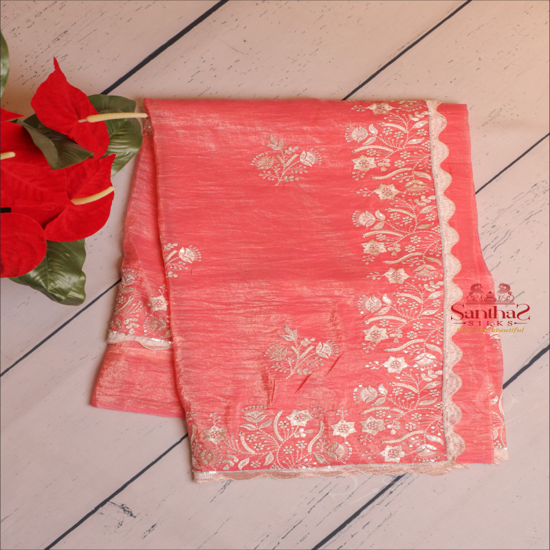 CRUSH MATERIAL SAREE WITH EMBORIDERY WOK IN PINK COLOUR