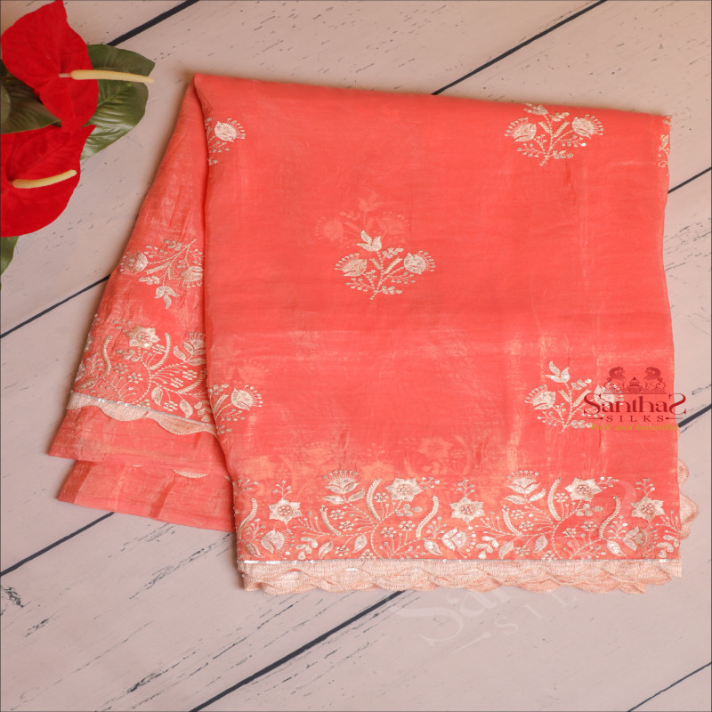 CRUSH MATERIAL SAREE WITH EMBORIDERY WORK IN PEACH PINK COLOUR